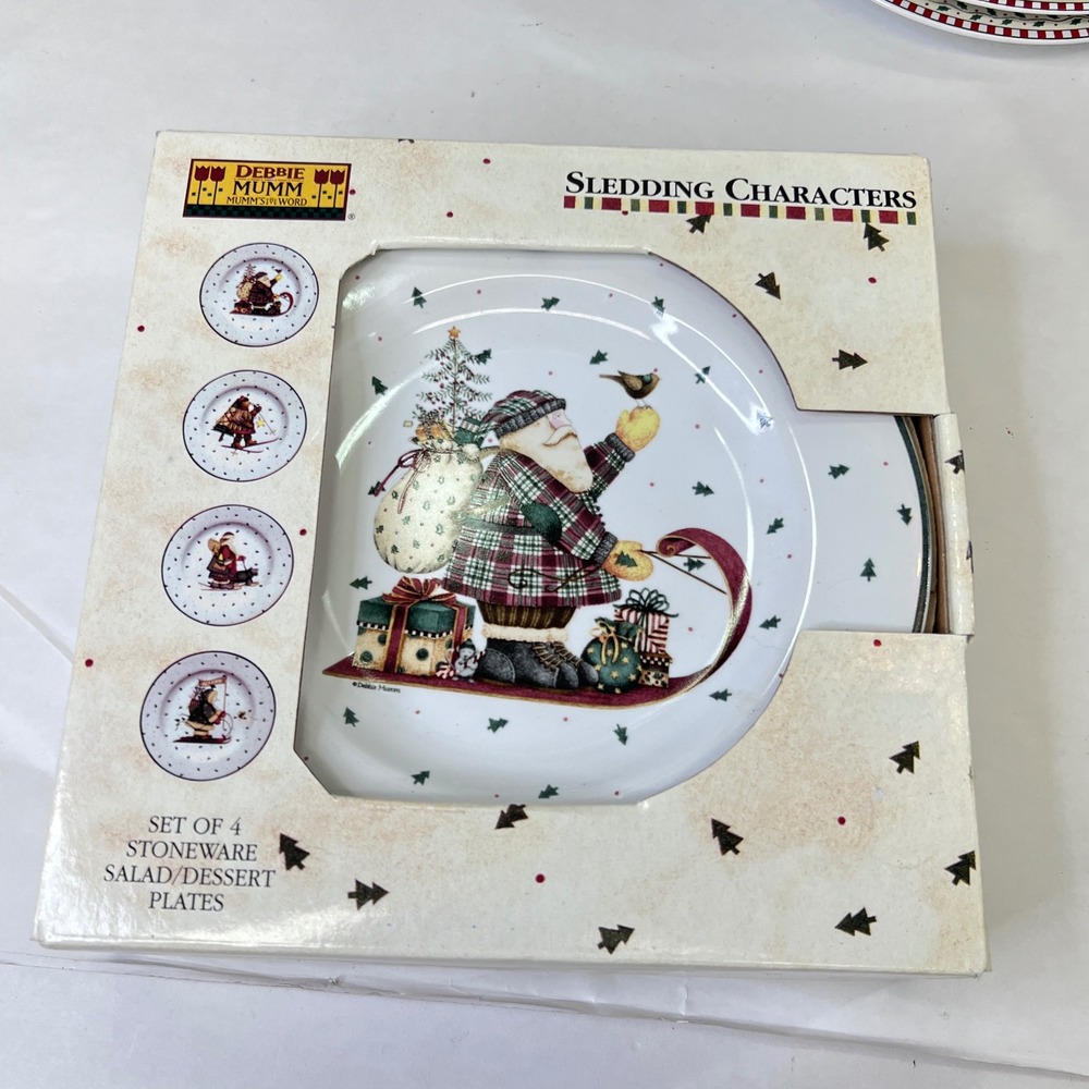 Debbie Mumm Sledding Characters Stoneware Salad Dessert Plates Set 4 Christmas